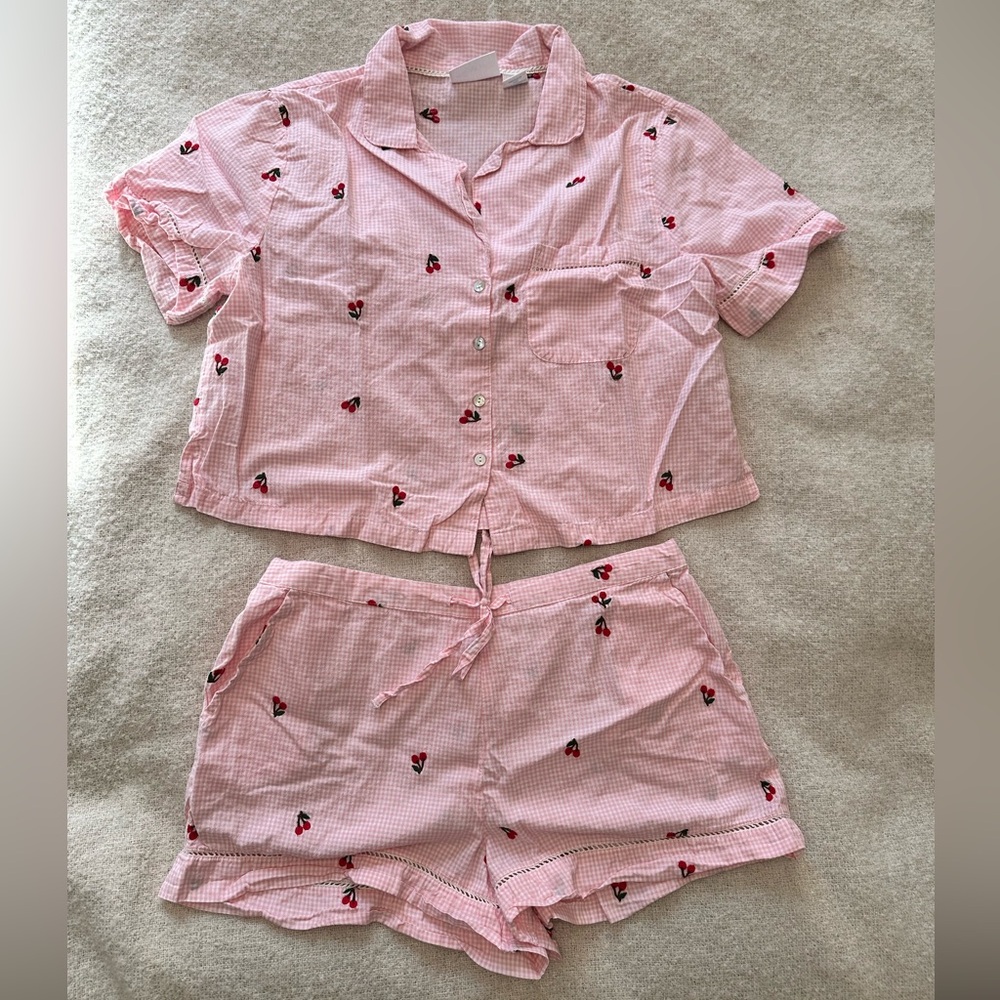 Cynthia Rowley Pink Gingham with Embroidered Cherries Pajama Set - Size Medium